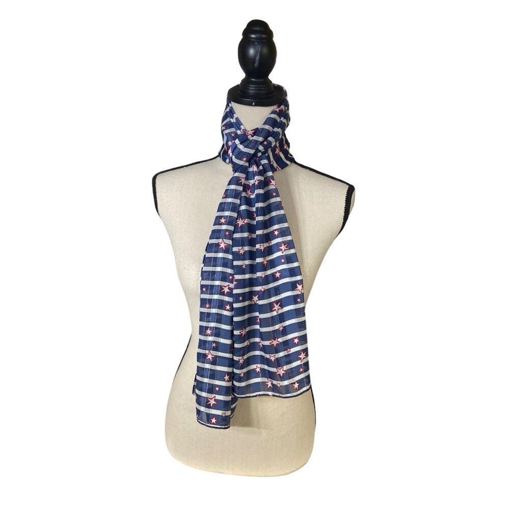 Womens Rectangle Patriotic Blue White Striped Star Scarf  USA 66x14